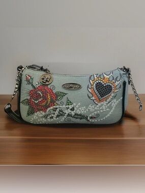 Ed Hardy Denim Tattoo-inspired Design Embelished Heart Floral Bag NWT